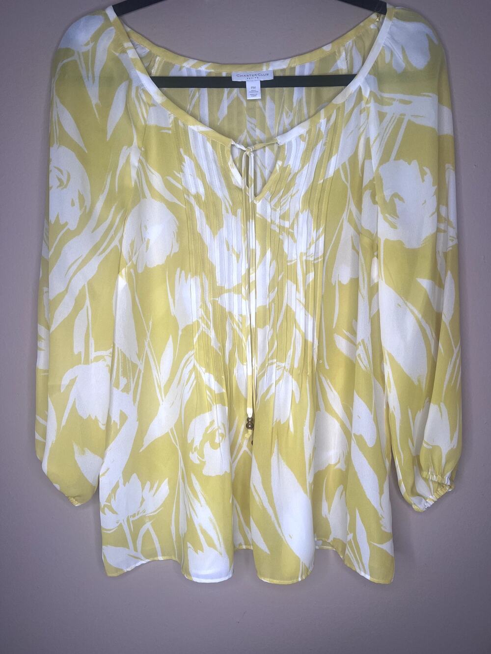 Charter Club Petite Medium Blouse Yellow White Floral Pintuck Tie Neck PM NWOT